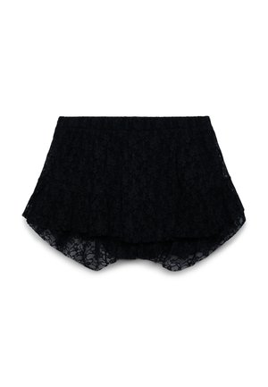 Mini gonna in pizzo nero con volant sovrapposti e motivo floreale, con design corto e svasato e una fascia in vita aderente.