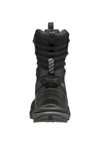 Bota de senderismo negra con una parte superior texturizada, cuello acolchado y talón reforzado. Detalles destacados incluyen un logo y correas ajustables.