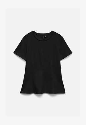 T-shirt noir à manches courtes et col rond avec un ourlet légèrement évasé, présenté à plat sur fond blanc.