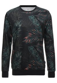 Maglione a maniche lunghe nero con colletto a girocollo, decorato da un motivo di foglie tropicali verde scuro e rosa, con polsini e orlo a coste.