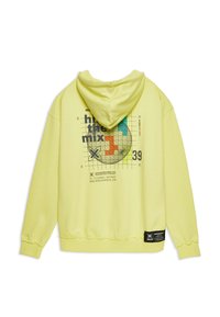 Felpa gialla con cappuccio, caratterizzata da una stampa grafica sul retro, che include testo e motivi geometrici. Polsini e orlo a costine.