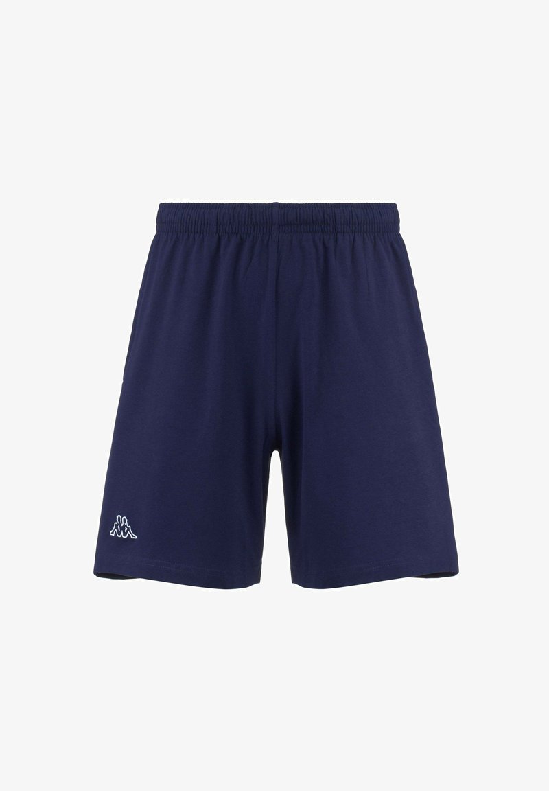 Shorts in cotone blu navy con cintura elastica e logo Kappa bianco sulla gamba sinistra. Design semplice, senza tasche né motivi.