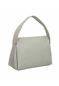 Borsa beige con un design strutturato, caratterizzata da una superficie testurizzata, una larga tracolla e una chiusura con zip. Accentuata da un branding sottile.