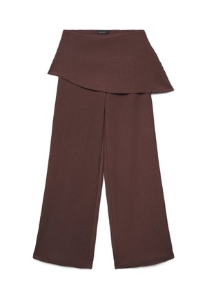 Brown wide-leg pants with textured fabric and an asymmetrical, layered waistband detail.