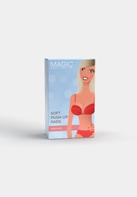 Magic Bodyfashion pehmed push-up padjad karbis, millel on illustratsioon naisest, kes kannab punast pesu hele sinisel taustal.