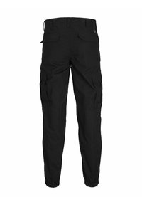 Pantaloni cargo neri con orli a risvolto, numerose tasche laterali e un tessuto resistente. Presentano una vestibilità comoda e rilassata per garantire comfort e mobilità.