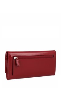Portafoglio in pelle rossa con una superficie liscia, tasca con zip sulla parte anteriore e scomparti organizzati all'interno. Forma rettangolare compatta.