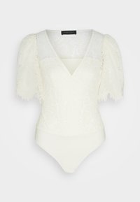 Spetsbodysuit i elfenben med V-ringning, korta puffärmar och en slät underdel. Delikat blommönster på spetsstoffet.