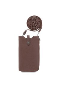 Brown textured leather phone case with a rolled strap, featuring a secure closure and metal accent, slim and rectangular in shape.