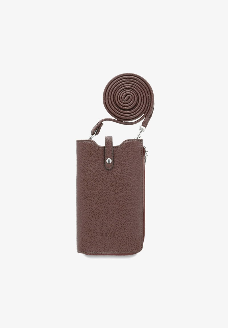 Brown textured leather phone case with a rolled strap, featuring a secure closure and metal accent, slim and rectangular in shape.