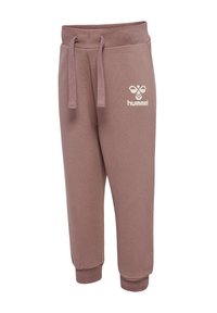 Paarse katoenen joggingbroek met elastische tailleband en trekkoord. Voorzien van zijzakken en het witte hummel-logo op het linkerbeen.