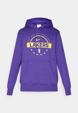 Sudadera morada con bolsillo delantero, logo de los Lakers, swoosh de Nike y emblema de la NBA en amarillo y blanco en el pecho.