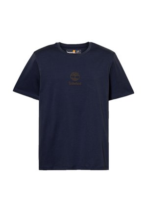 T-shirt bleu marine à manches courtes avec col rond et petit logo Timberland en forme d'arbre centré sur la poitrine.