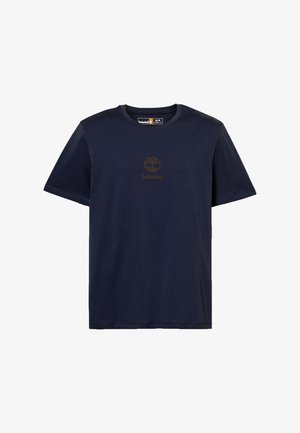 Granatowy, krótki rękaw, T-shirt z okrągłym dekoltem i małym logo drzewa Timberland na środku klatki piersiowej.