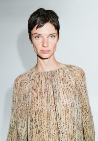 Leichtes, durchsichtiges Blusenshirt in Beige mit einem fließenden Design. Mit vertikalen, braunen Punktmustern, einem entspannten Halsauschnitt und langen Ärmeln.