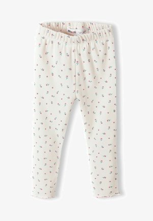 Weiße, gerippte Leggings für Kleinkinder mit kleinem, pinken und grünen Blumenmuster und elastischem Bund, Größe 1-2 Jahre.