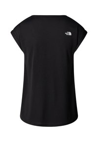 Černé tričko s krátkým rukávem vyrobené z jemné tkaniny s kulatým výstřihem. Obsahuje malé bílé logo na horní části zad.