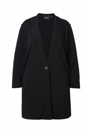 Schwarzer langer Blazer mit einem vorderen Knopfverschluss, Reverskragen und langen, umgeschlagenen Ärmeln, dargestellt vor weißem Hintergrund.