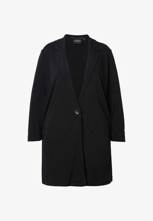 Schwarzer langer Blazer mit einem vorderen Knopfverschluss, Reverskragen und langen, umgeschlagenen Ärmeln, dargestellt vor weißem Hintergrund.