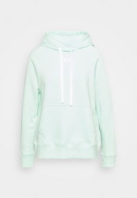 Hoodie verde menta chiaro con una tasca anteriore a marsupio, cordini bianchi e polsini a coste. Presenta un cappuccio e un design sportivo.