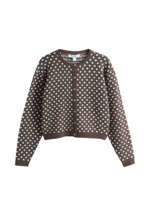 Rudas megztas kardiganas su baltais taškeliais, apvali iškirptė, ilgos rankovės ir priekyje mediniai mygtukai, padėtas ant baltos fono.