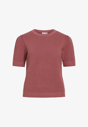 Lyserosa strikket genser med korte ermer, teksturert mønster, ribbet rund halskant, mansjetter og kant.