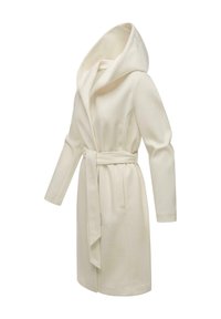 Cappotto di lana color crema con un ampio cappuccio, vita con cintura, maniche lunghe e dettagli goffrati sottili sulle maniche.