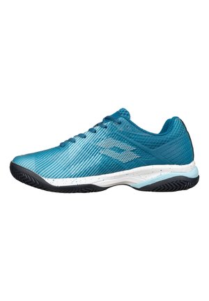 Turquoise athletic shoe with a textured mesh upper, white and navy sole, and contrasting striped pattern across the surface.