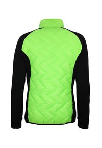 Veste matelassée avec une partie supérieure de couleur vert néon vif et des manches longues noires ; fabriquée en tissu léger et lisse avec un motif en chevrons.