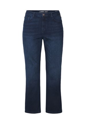 Donkerblauwe rechte jeans gemaakt van denim, met een klassieke vijf-pocketdesign en een ritssluiting met knoopsluiting.
