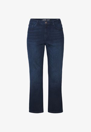 Donkerblauwe rechte jeans gemaakt van denim, met een klassieke vijf-pocketdesign en een ritssluiting met knoopsluiting.