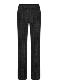 Pantaloni neri con design a gamba dritta, caratterizzati da un motivo testurizzato di sottili linee bianche. Vita elastica, senza tasche né hardware aggiuntivo.