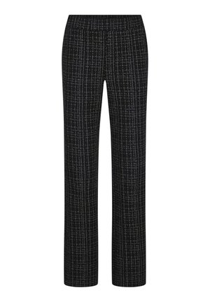 Pantalons noirs avec une coupe droite, présentant un motif texturé de fines lignes blanches. Taille élastique, sans poches ni matériel supplémentaire.