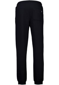 Schwarze Jogginghose mit elastischem Bund, tailliertem Bein Design und einer einzelnen Gesäßtasche. Hergestellt aus weichem Stoff mit gerippten Bündchen.