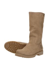 Botas de cuero color marrón claro hasta la rodilla con una superficie texturizada, suela robusta y detalle del logo circular en el lateral. Acabados cosidos.