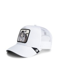 White cap with a structured front, mesh sides, featuring an embroidered tiger design on a square patch. Black accent near the bill.