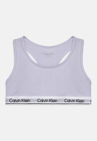 Bralet od pamučne mješavine u ljubičastoj boji s dizajnom leđa u biciklističkom stilu, koji ima bijeli elastični pojas s crnim logotipom "Calvin Klein". Glatka tekstura.