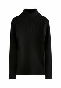Schwarzer Rollkragenpullover mit gerippter Textur, langen Ärmeln und figurnaher Silhouette. Hergestellt aus einem dehnbaren Stoff für Komfort und Wärme.