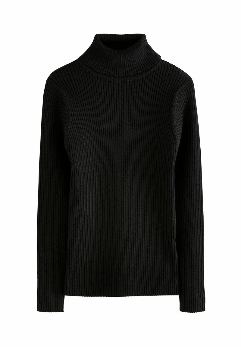 Schwarzer Rollkragenpullover mit gerippter Textur, langen Ärmeln und figurnaher Silhouette. Hergestellt aus einem dehnbaren Stoff für Komfort und Wärme.