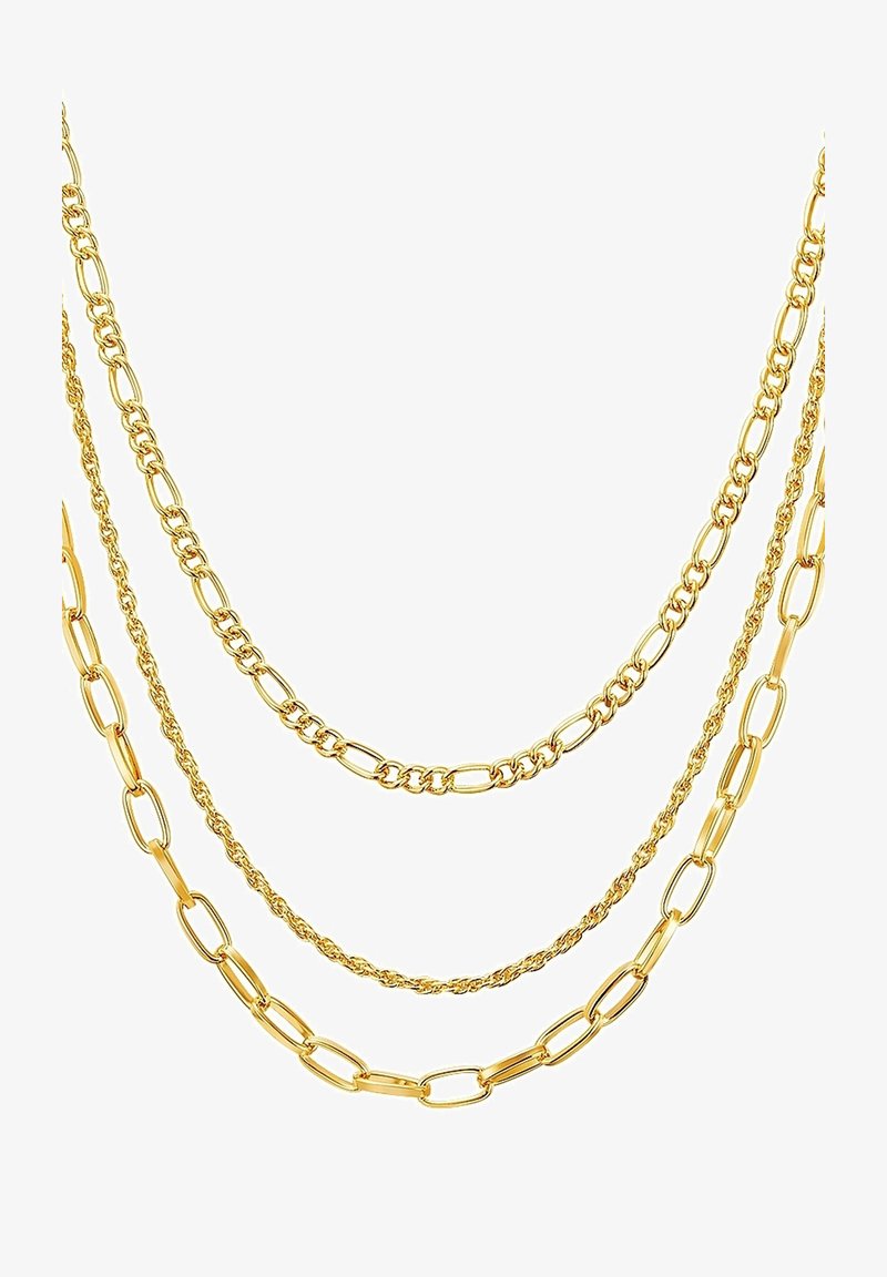 Guldbelagt kæderekæde med tre striber: forlængede led, snoet design og varierende tykkelser for visuelt kontrast.