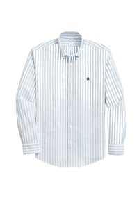 Gestreept overhemd met lichtblauwe en witte verticale strepen, lange mouwen en een klein donker logo op de borst. Gemaakt van katoen.