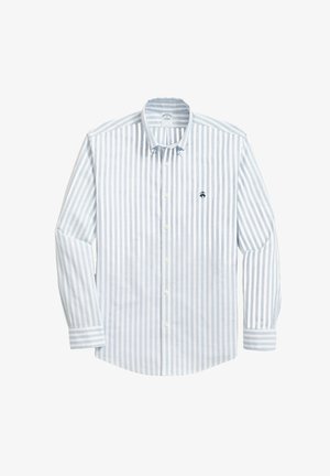 Gestreept overhemd met lichtblauwe en witte verticale strepen, lange mouwen en een klein donker logo op de borst. Gemaakt van katoen.
