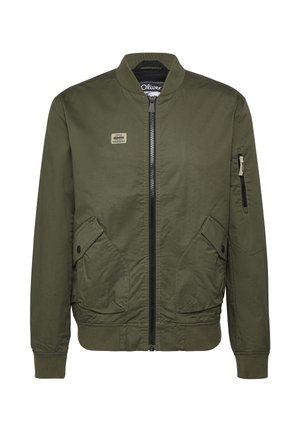Olive green bomber jacket with front zipper, two buttoned flap pockets, zippered sleeve pocket, and ribbed collar, cuffs, and hem.