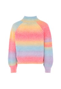 Strickpullover mit hohem Kragen in pastellfarbigen Farbverläufen: Rosa, Gelb, Blau und Lavendel, mit strukturiertem Finish und gerippten Bündchen.