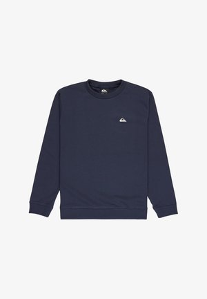 Sweatshirt bleu marin dintr-un amestec de bumbac, cu mâneci lungi, guler tip crew și un mic logo alb pe piept. Textură netedă.
