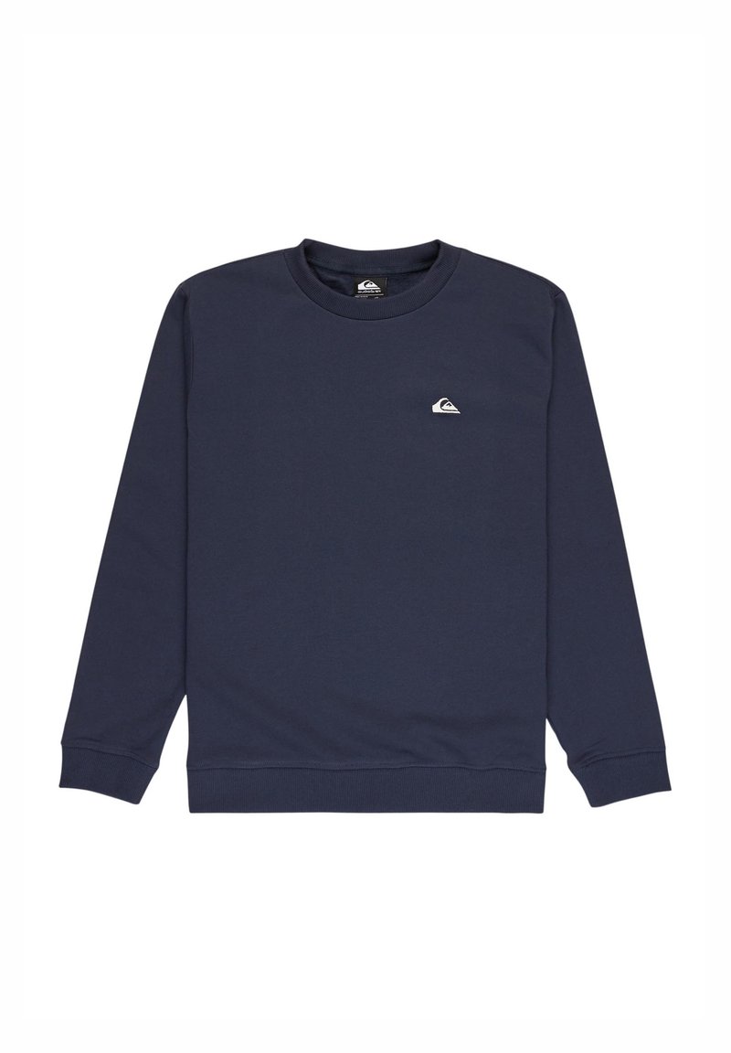 Marineblå sweatshirt i bomullsblanding, med lange ermer, rund hals og en liten hvit logo på brystet. Glatt tekstur.