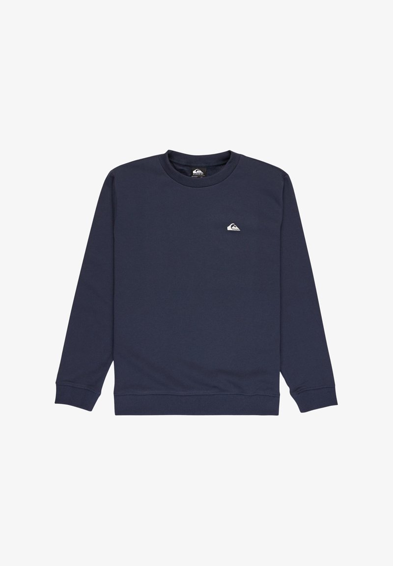 Marineblå sweatshirt i bomullsblanding, med lange ermer, rund hals og en liten hvit logo på brystet. Glatt tekstur.