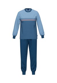 Long-sleeve top with light and dark blue horizontal stripes and navy blue pants with elastic cuffs.
