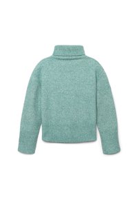 Maglione lavorato a maglia turchese con colletto alto, polsi e orlo a coste; design corto e texture morbida, con un motivo sottile.