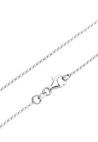 Silberne Metallkettengliederkette mit einem Karabinerhaken, bestehend aus kleinen, verbundenen runden Gliedern und einer polierten Oberfläche. Einfaches und elegantes Design.
